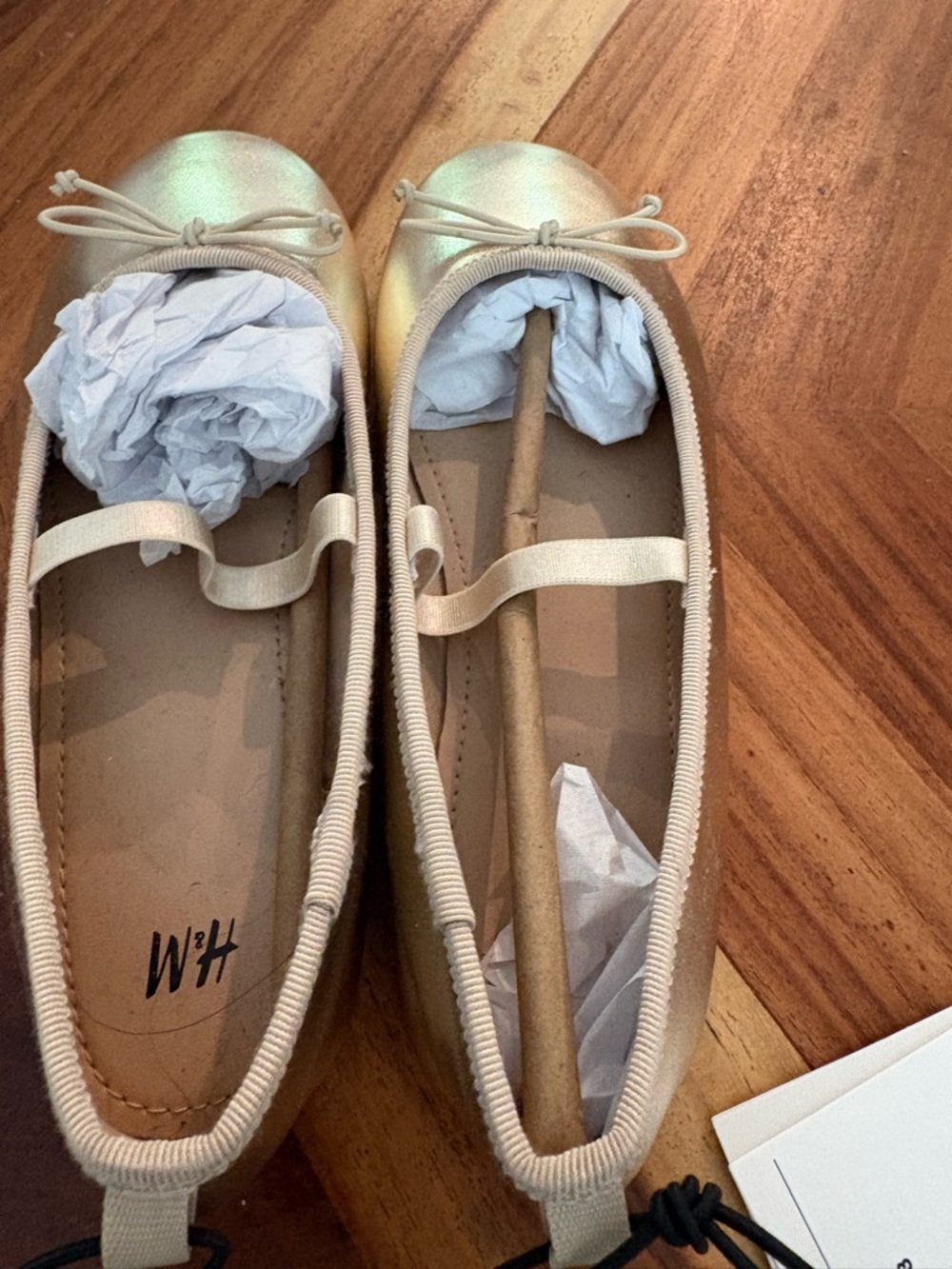 H&M Golden Cream Ballet Flats with Elastic Strap and Bow